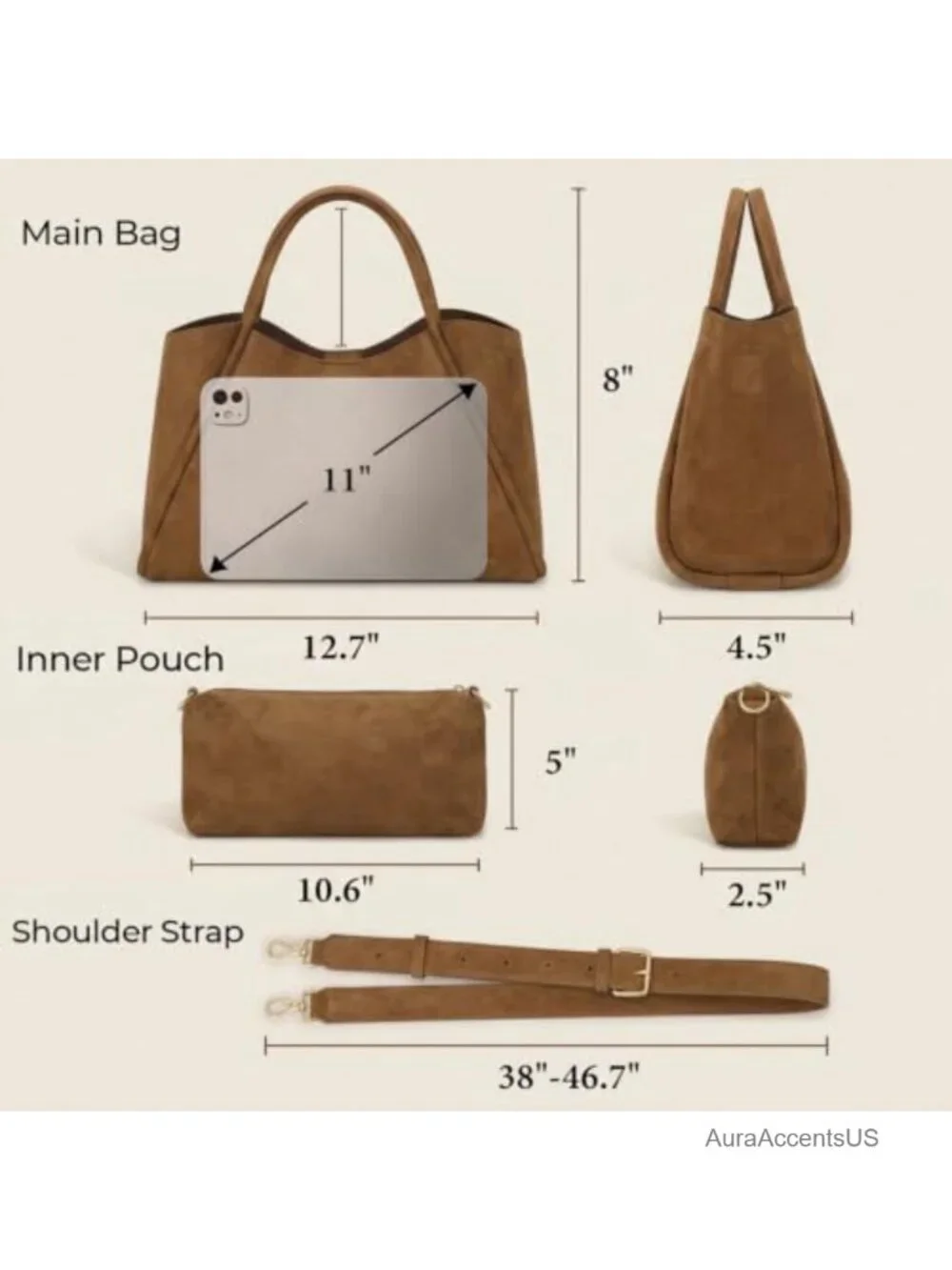 Faux Leather Satchel Handbag Women Shoulder Crossbody 2-in-1
